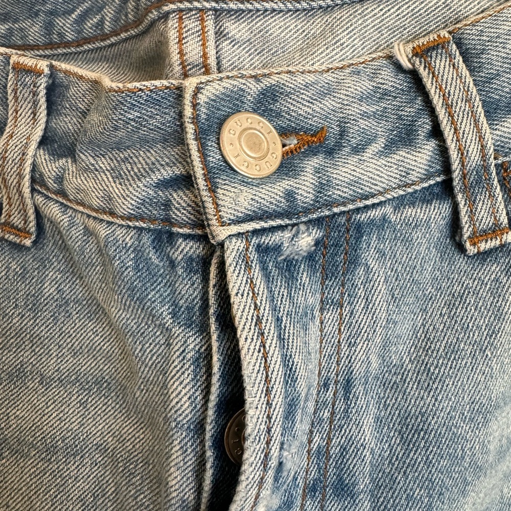 Original fashion Gucci pants cut at the knees, blue, size 30